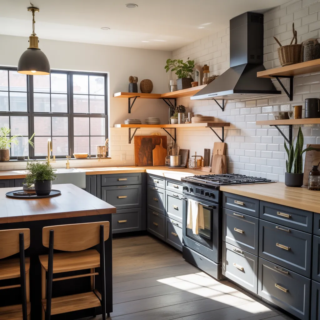 black and natural wood kitchen