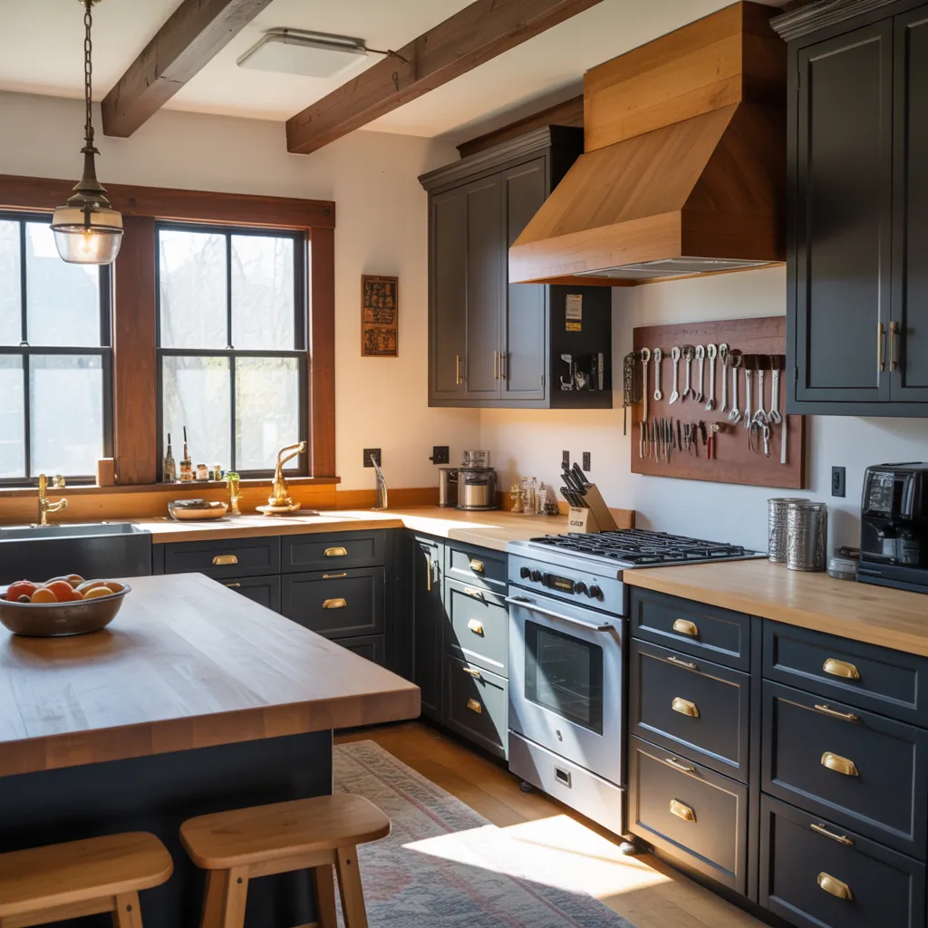 black and natural wood kitchen