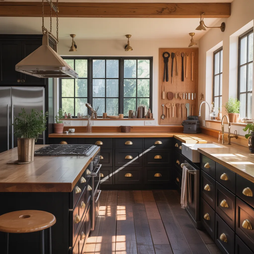 black and natural wood kitchen