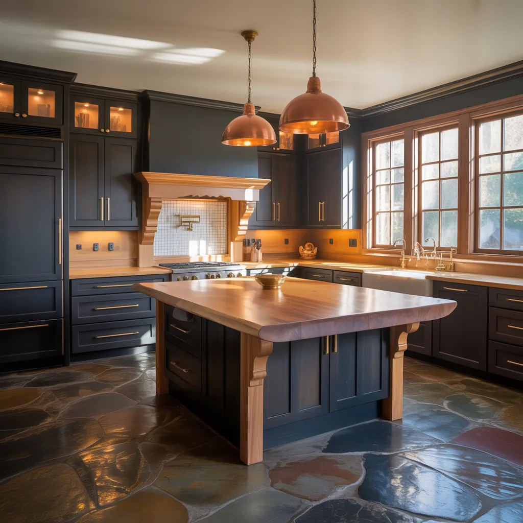 black and natural wood kitchen