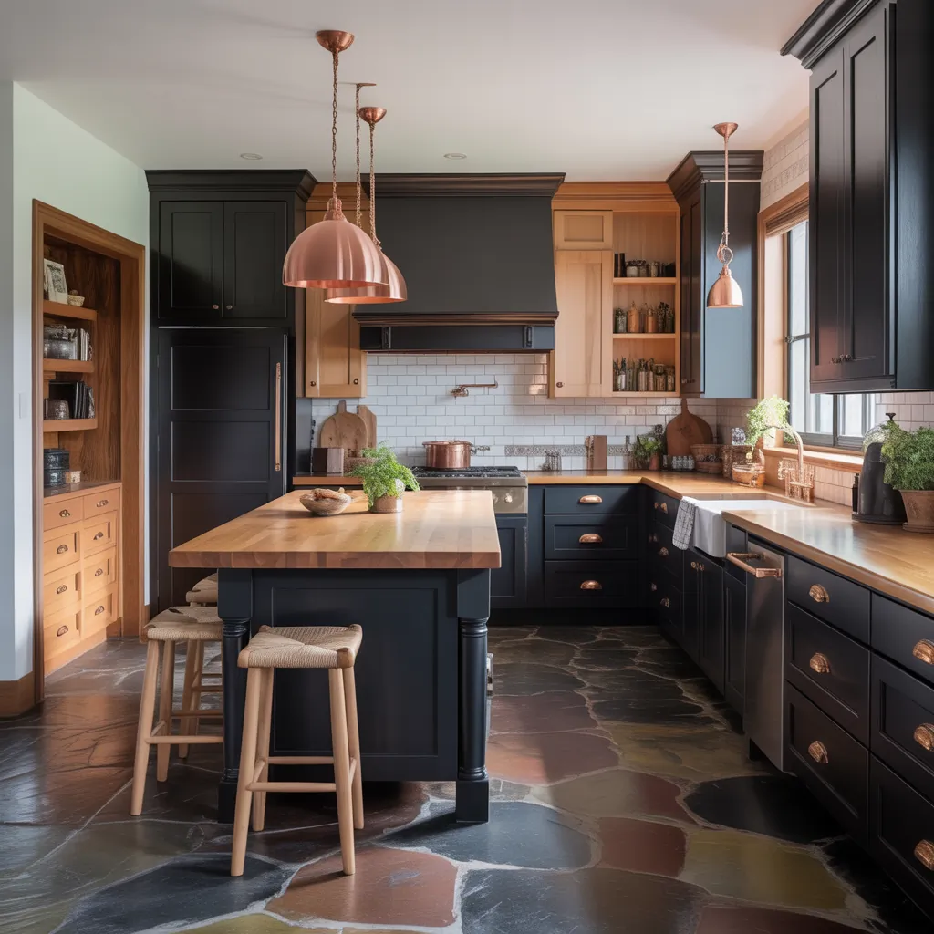 black and natural wood kitchen