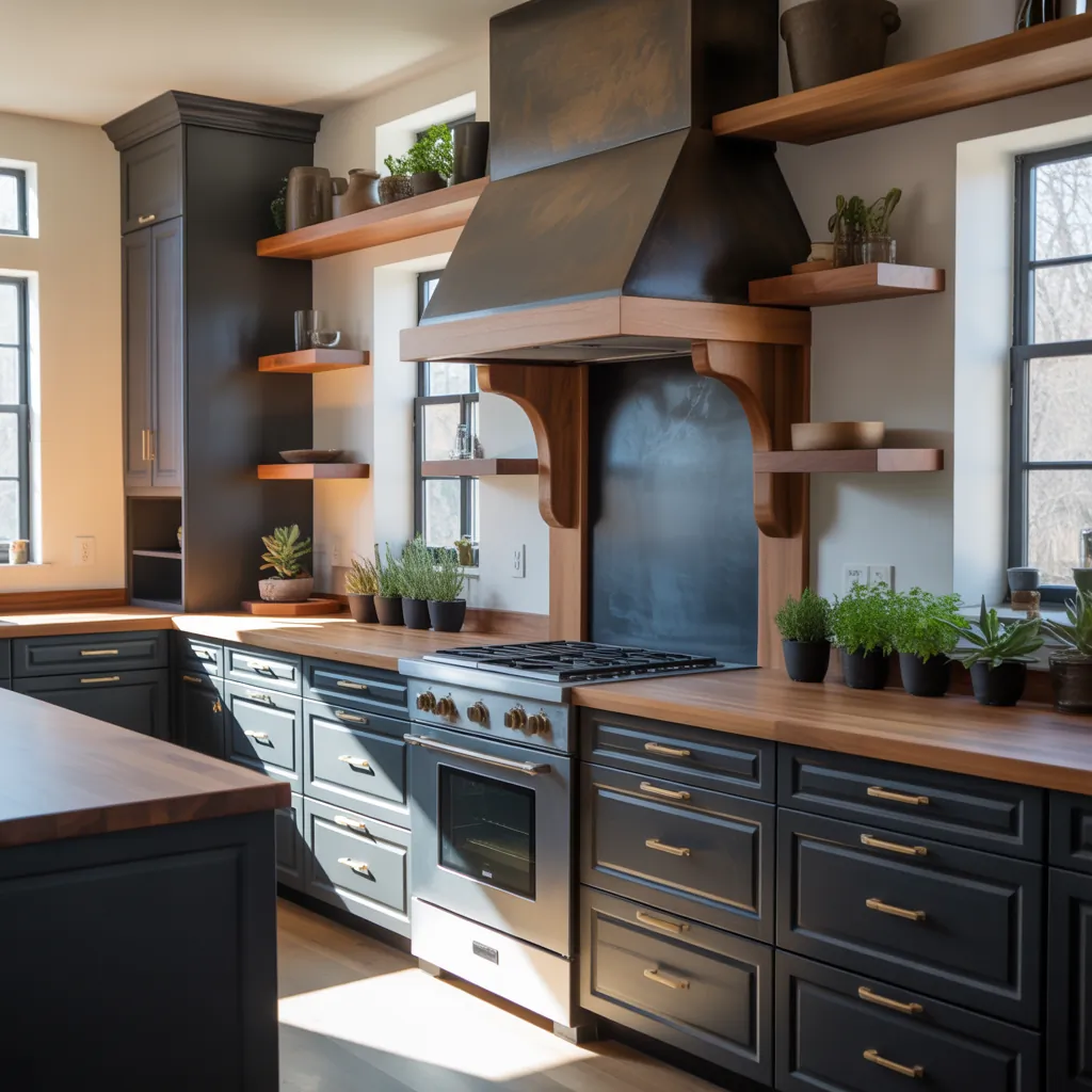 black and natural wood kitchen