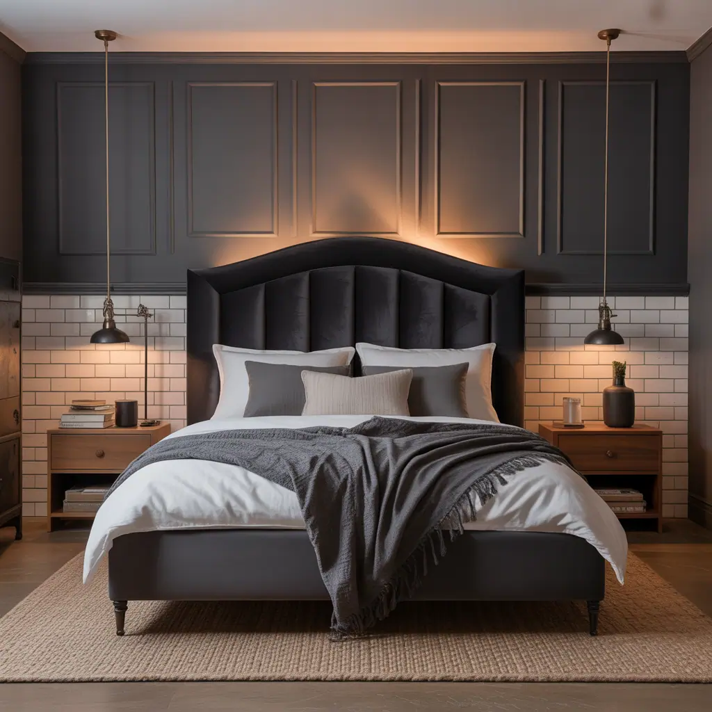 charcoal headboard dark grey bedroom ideas
