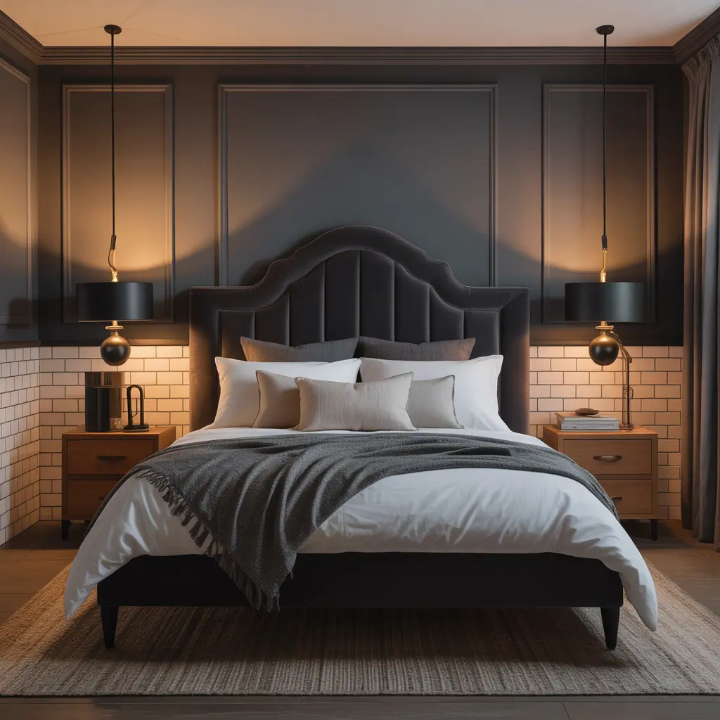 charcoal headboard dark grey bedroom ideas