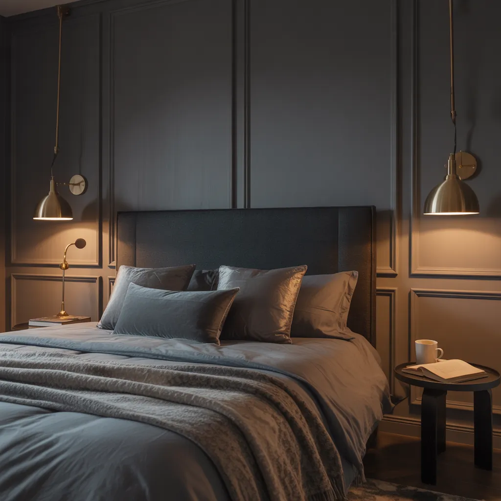 charcoal headboard dark grey bedroom ideas