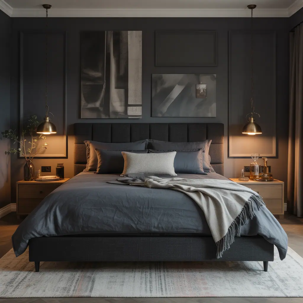 charcoal headboard dark grey bedroom ideas