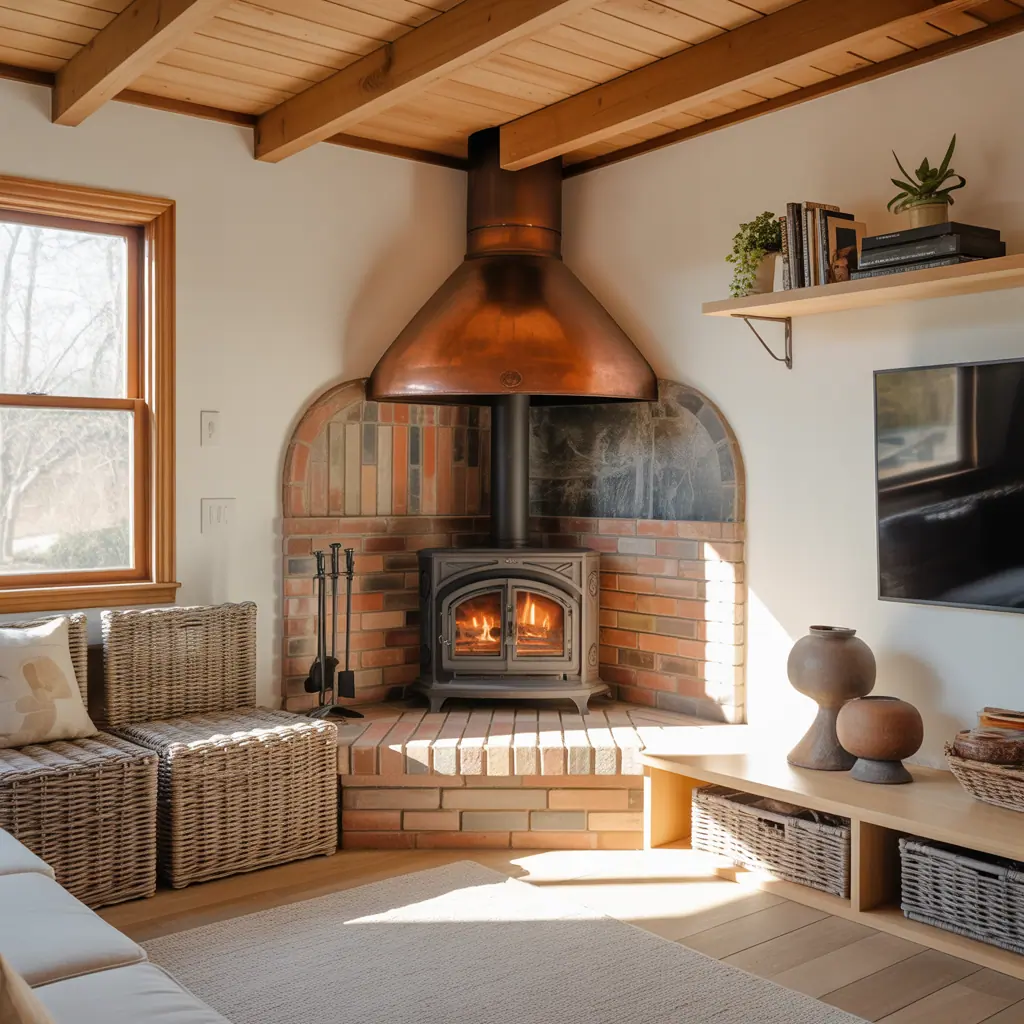 corner wood stove hearth design ideas