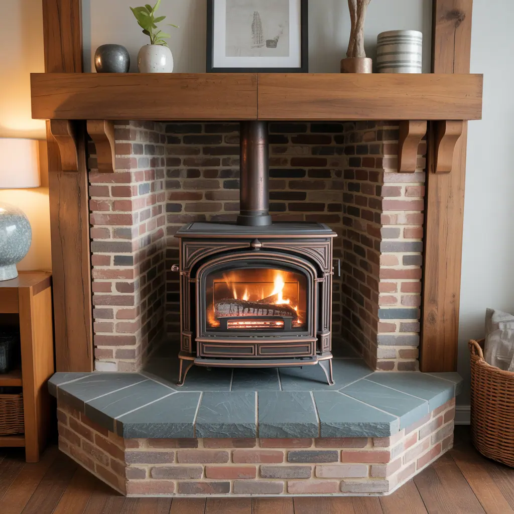 corner wood stove hearth design ideas