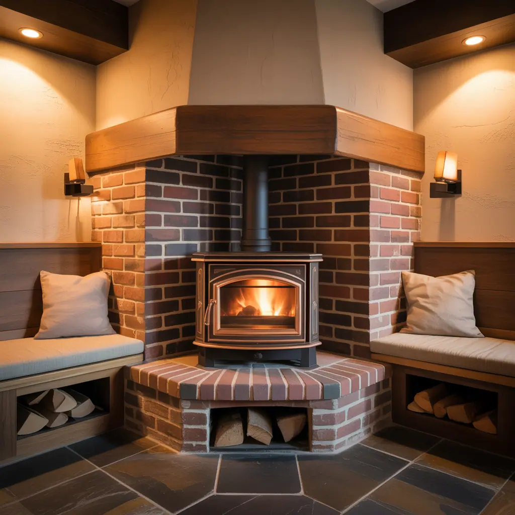 corner wood stove hearth design ideas