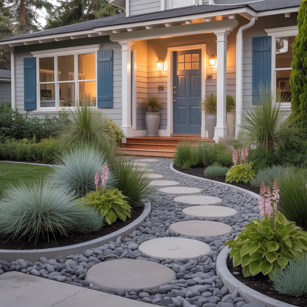 front house landscaping river rock