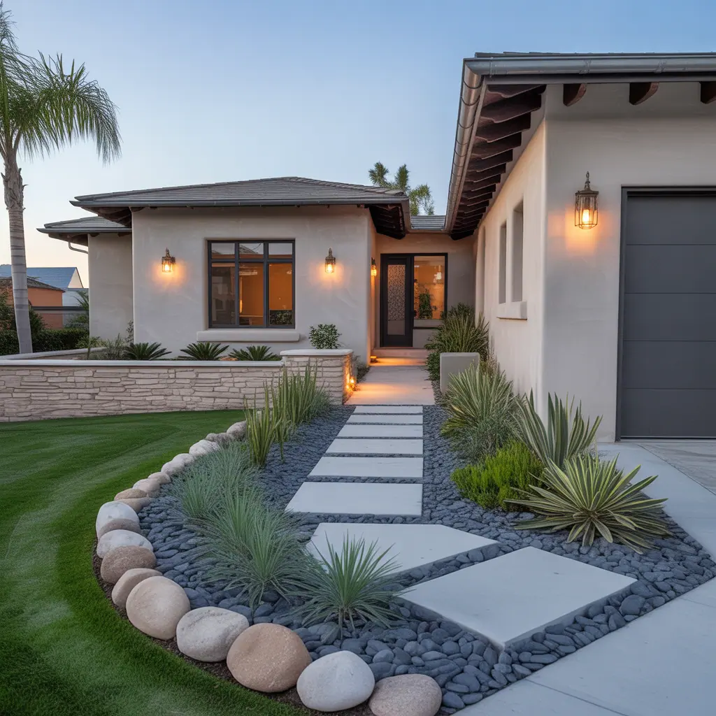 front house landscaping river rock