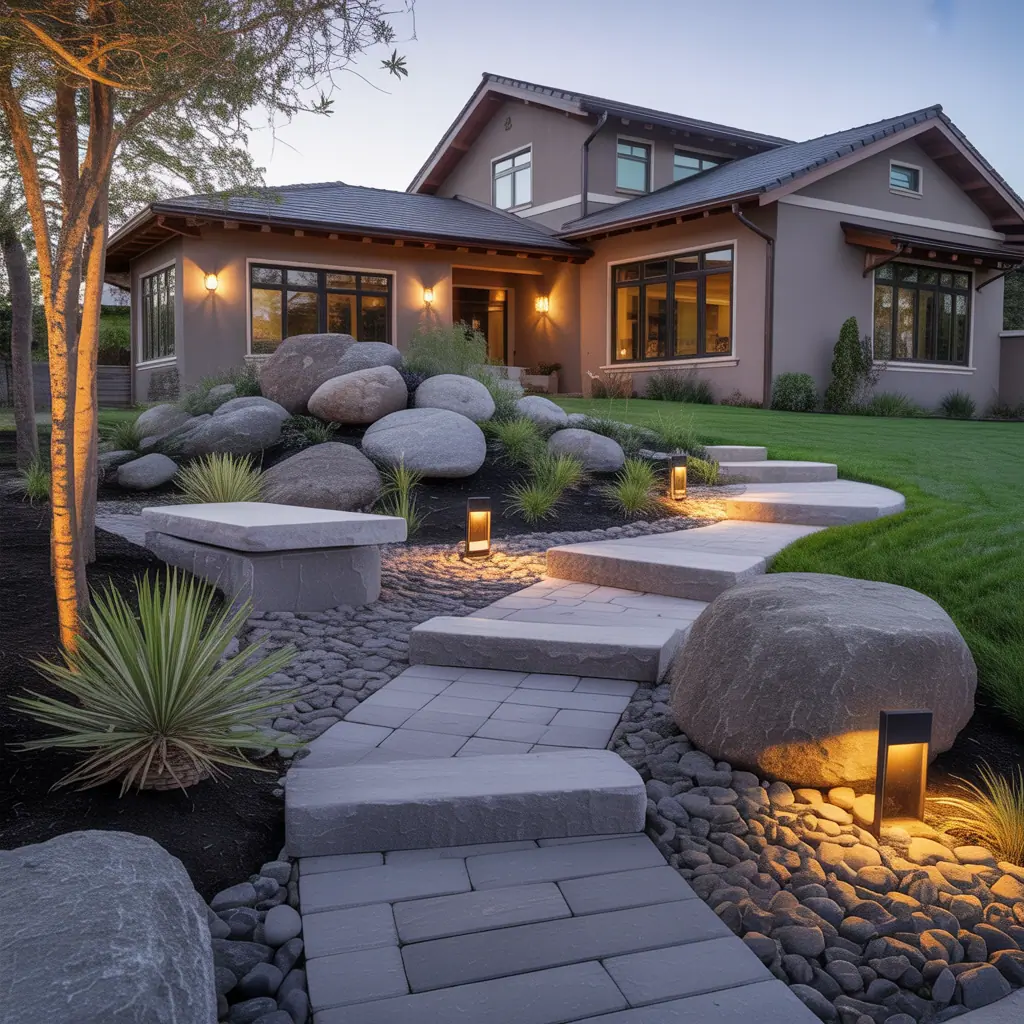 front yard landscaping with large rocks ideas