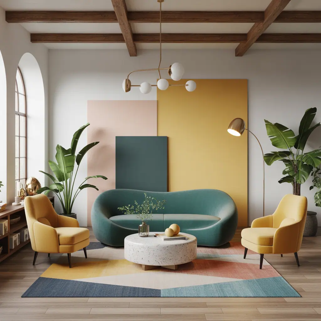 teal and yellow modern living room