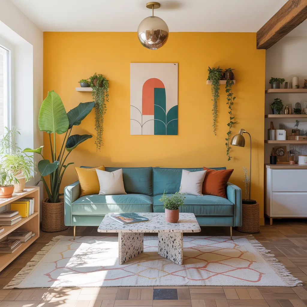teal and yellow modern living room