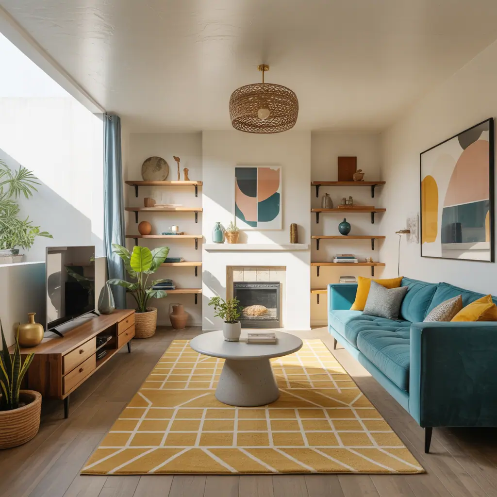 teal and yellow modern living room