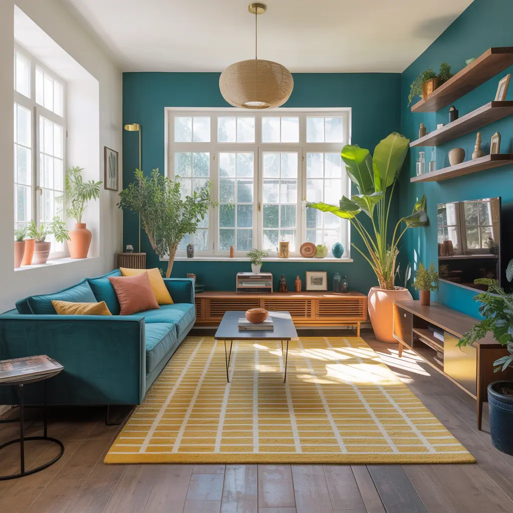 teal and yellow modern living room