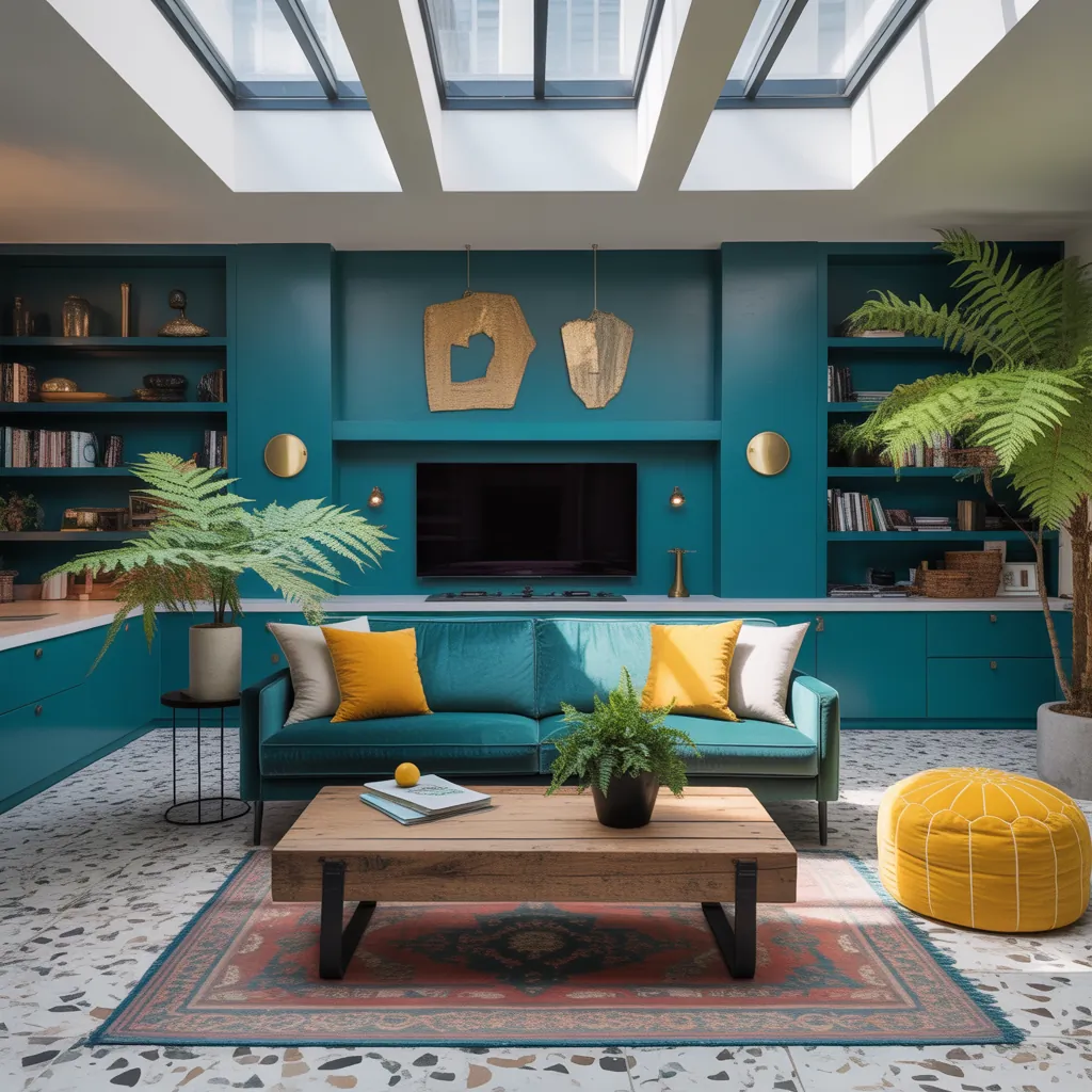 teal and yellow modern living room