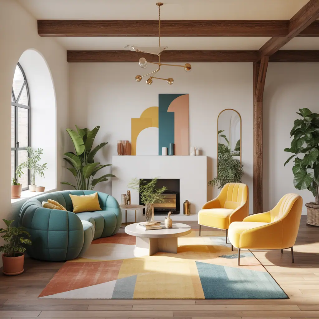 teal and yellow modern living room