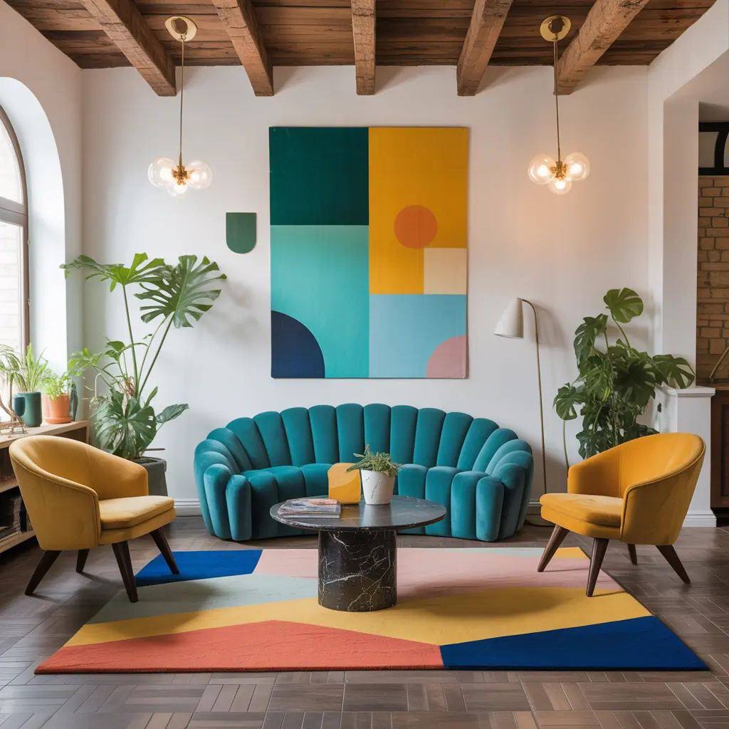 teal and yellow modern living room