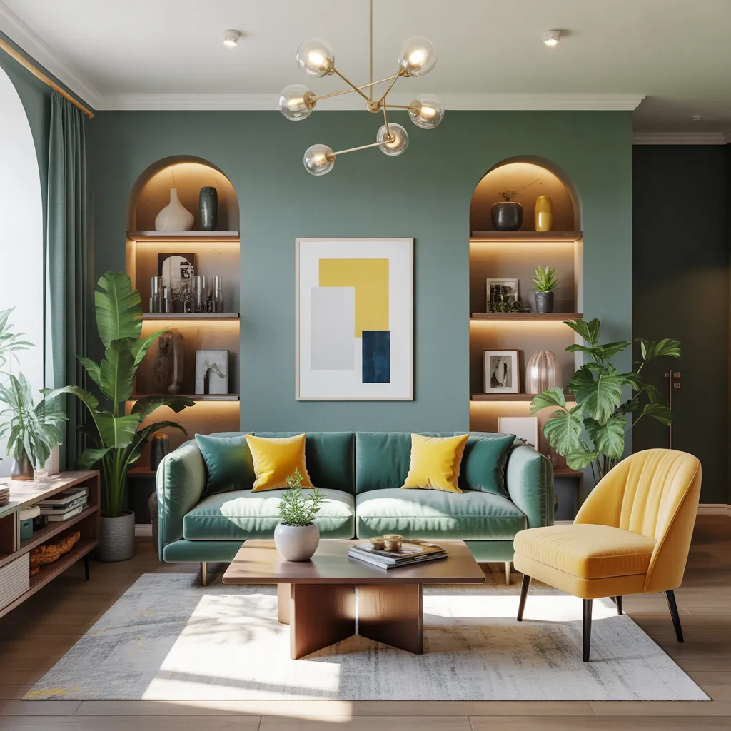 teal and yellow modern living room