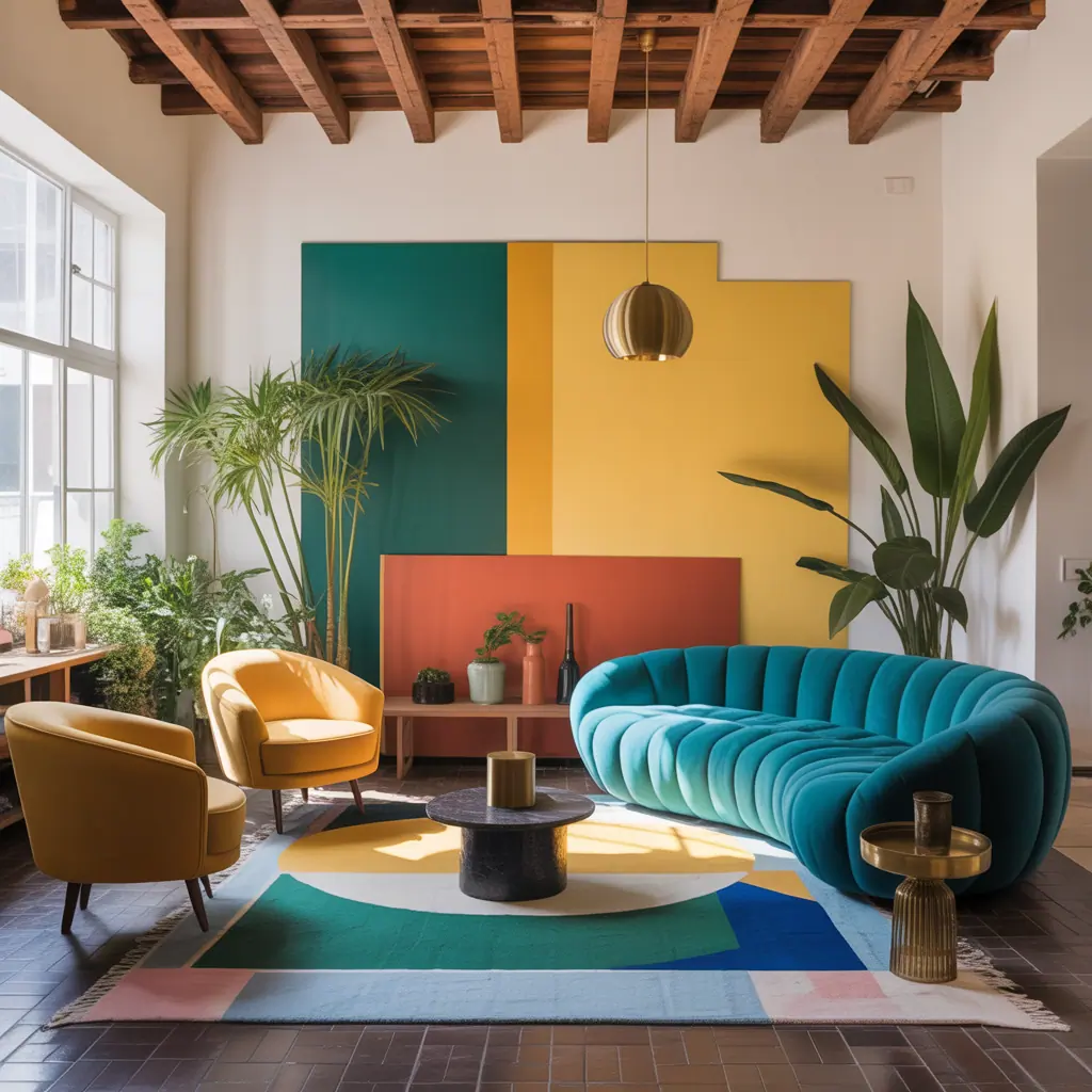 teal and yellow modern living room