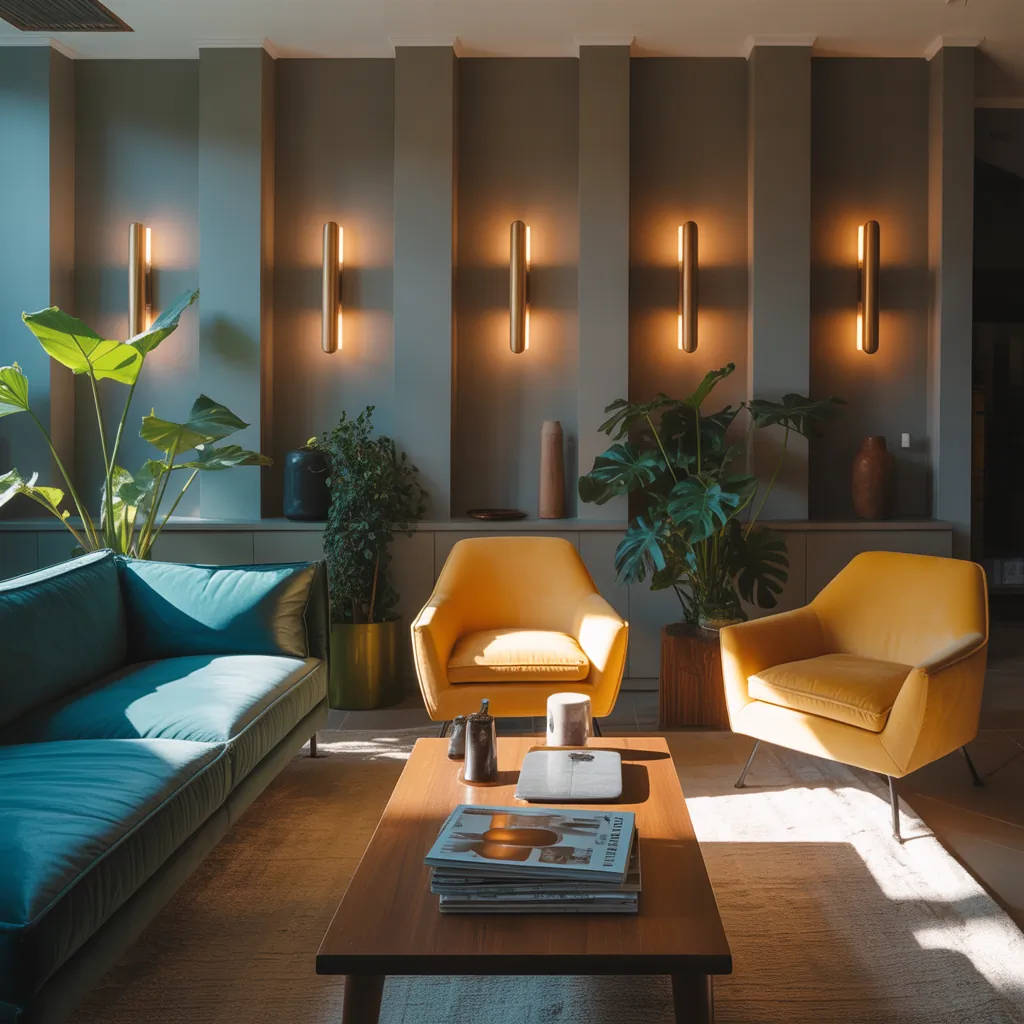 teal and yellow modern living room