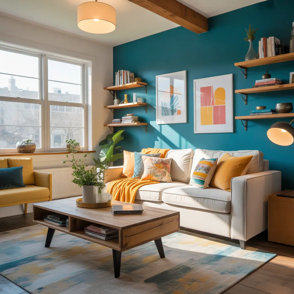 teal and yellow modern living room