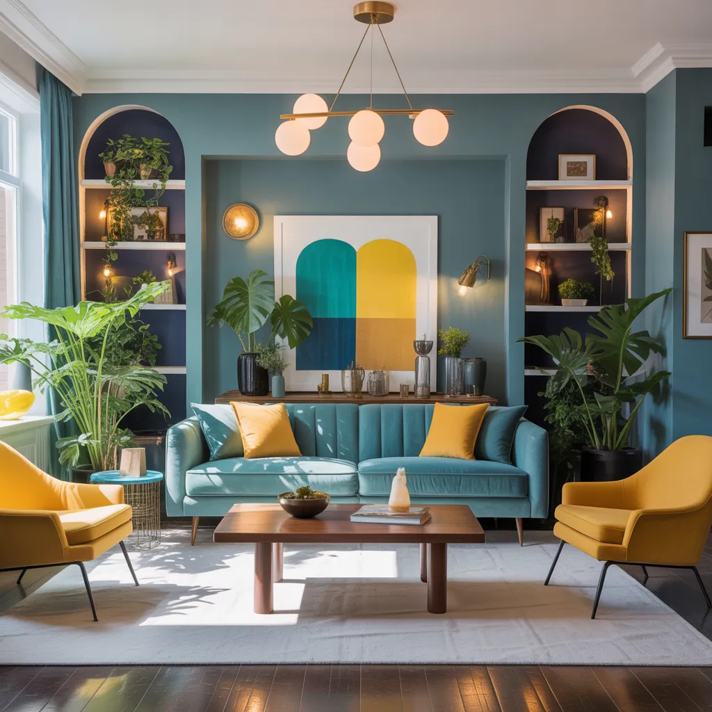 teal and yellow modern living room