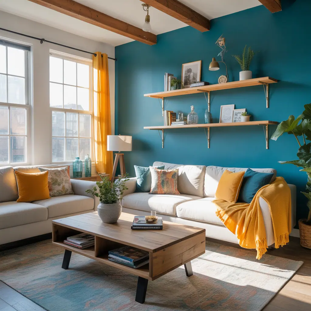 teal and yellow modern living room