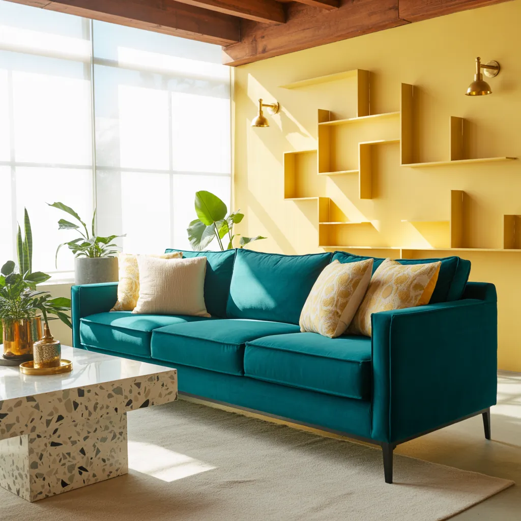 teal and yellow modern living room