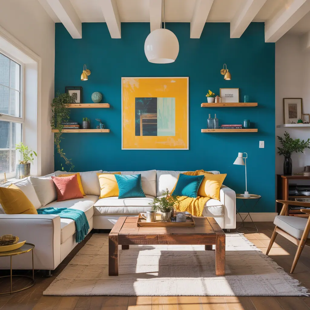 teal and yellow modern living room