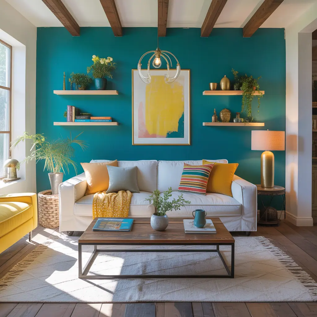 teal and yellow modern living room