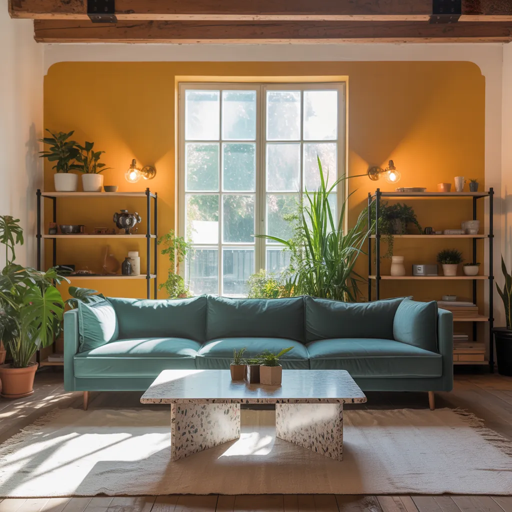 teal and yellow modern living room