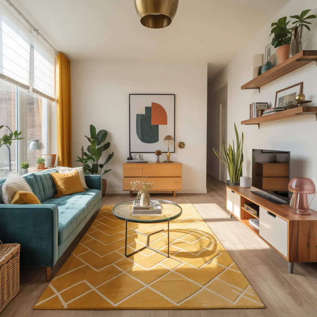 teal and yellow modern living room