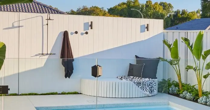 Including an Outdoor Shower Into a Backyard Pool and Patio Outdoor Shower