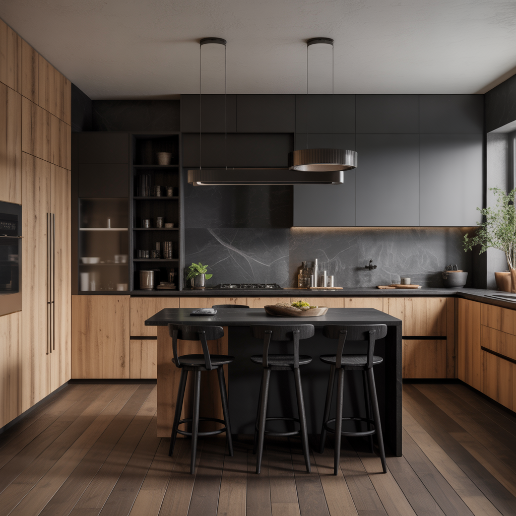 black and natural wood kitchen