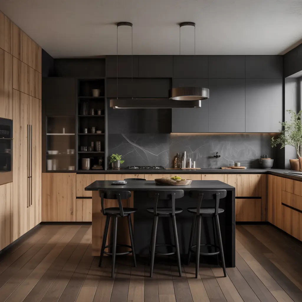 black and natural wood kitchen