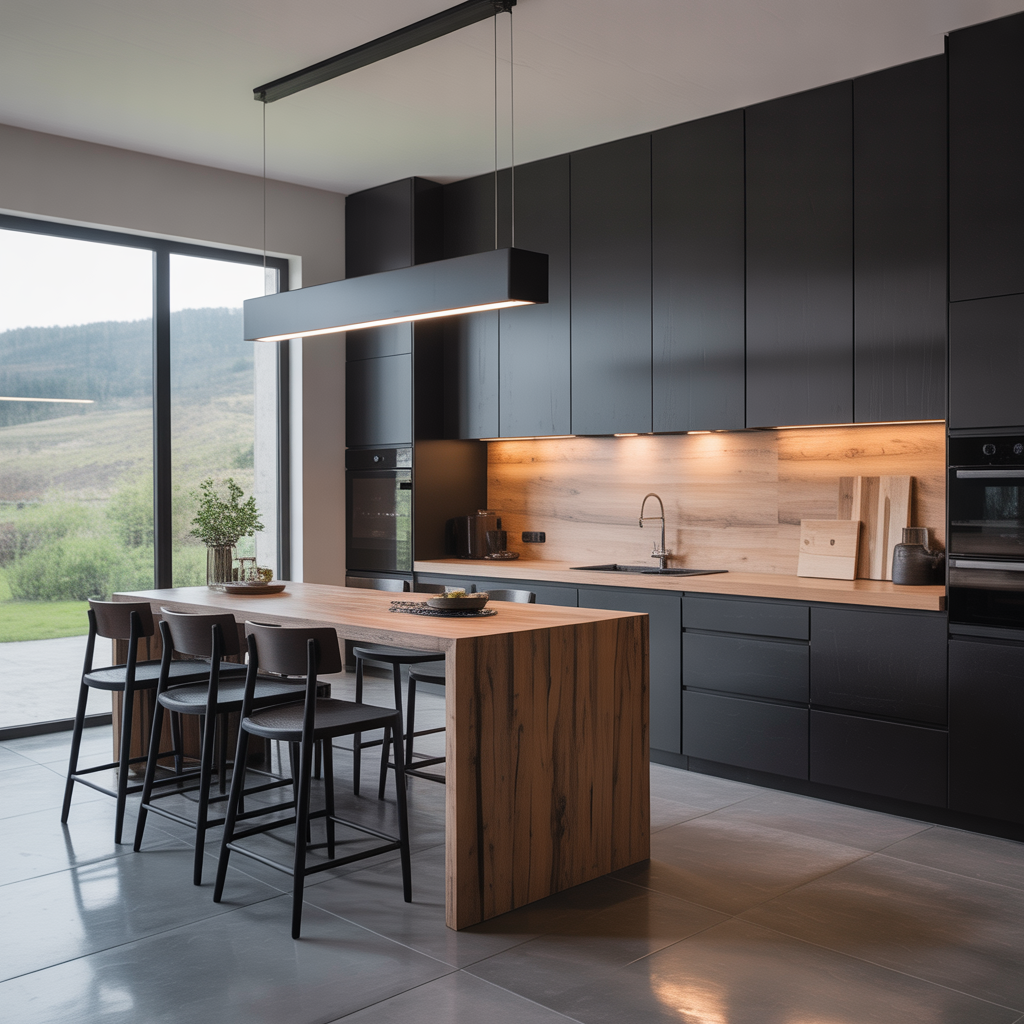 black and natural wood kitchen