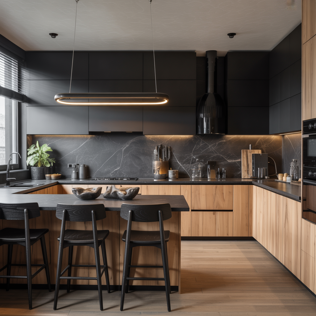 black and natural wood kitchen