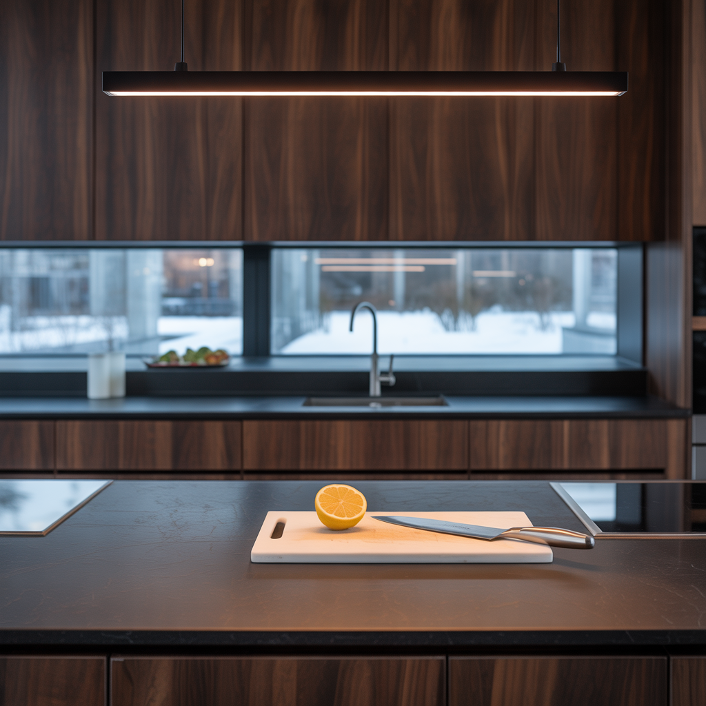 black and natural wood kitchen