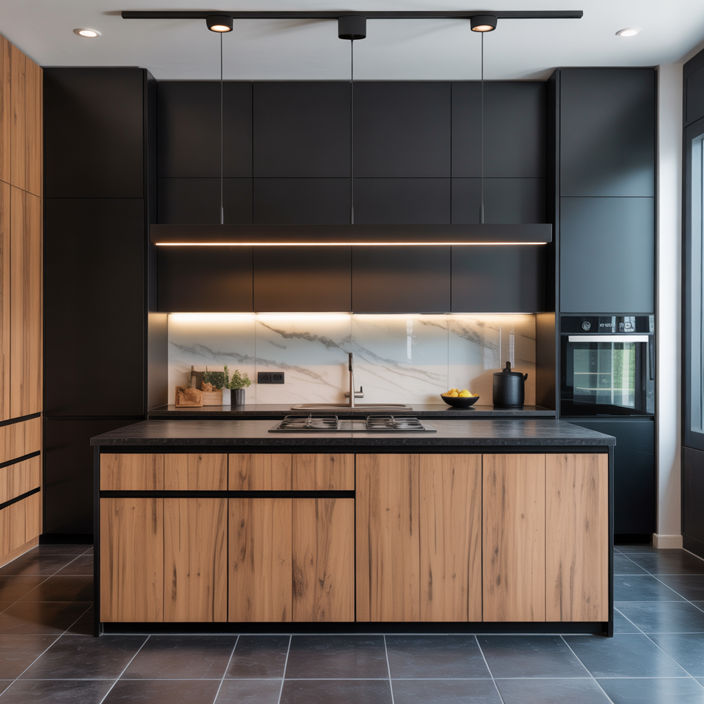 black and natural wood kitchen