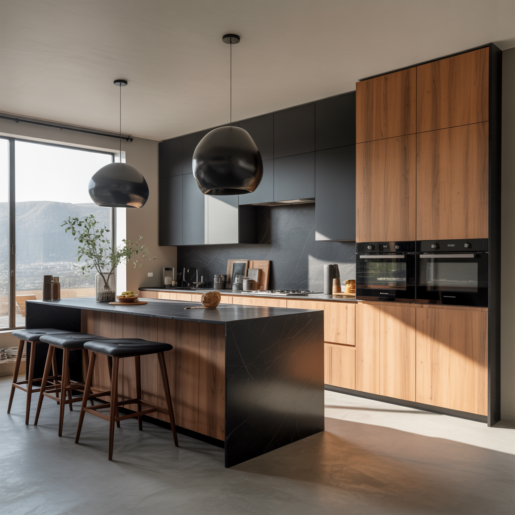 black and natural wood kitchen
