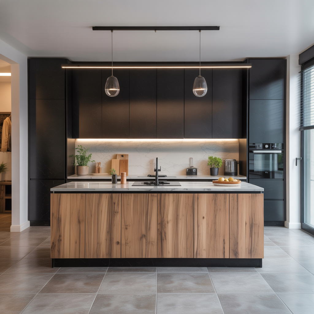 black and natural wood kitchen