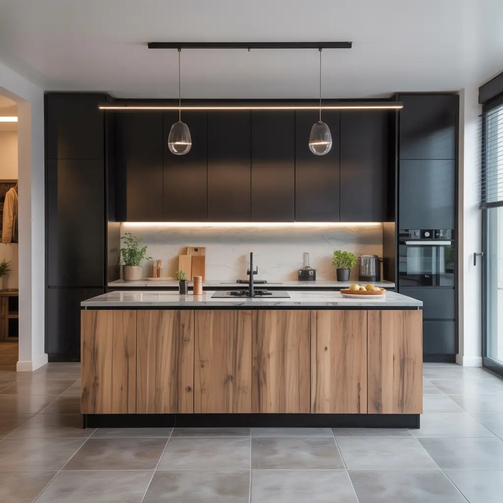 black and natural wood kitchen