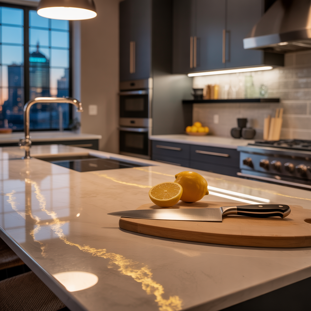 warm quartz kitchen countertops